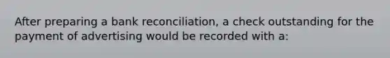 After preparing a bank reconciliation, a check outstanding for the payment of advertising would be recorded with a: