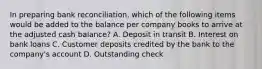 In preparing bank reconciliation, which of the following items would be added to the balance per company books to arrive at the adjusted cash balance? A. Deposit in transit B. Interest on bank loans C. Customer deposits credited by the bank to the company's account D. Outstanding check