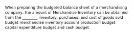 When preparing the budgeted balance sheet of a merchandising company, the amount of Merchandise Inventory can be obtained from the ________ inventory, purchases, and cost of goods sold budget merchandise inventory account production budget capital expenditure budget and cash budget