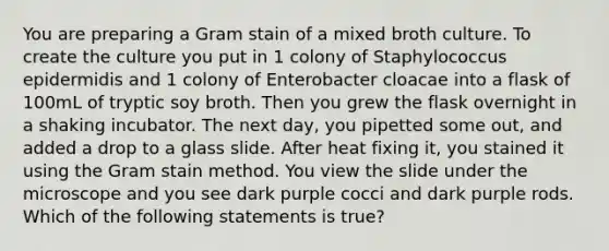 You are preparing a Gram stain of a mixed broth culture. To create the culture you put in 1 colony of Staphylococcus epidermidis and 1 colony of Enterobacter cloacae into a flask of 100mL of tryptic soy broth. Then you grew the flask overnight in a shaking incubator. The next day, you pipetted some out, and added a drop to a glass slide. After heat fixing it, you stained it using the Gram stain method. You view the slide under the microscope and you see dark purple cocci and dark purple rods. Which of the following statements is true?