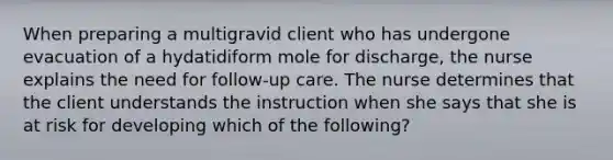 When preparing a multigravid client who has undergone evacuation of a hydatidiform mole for discharge, the nurse explains the need for follow-up care. The nurse determines that the client understands the instruction when she says that she is at risk for developing which of the following?