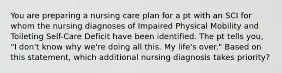 You are preparing a nursing care plan for a pt with an SCI for whom the nursing diagnoses of Impaired Physical Mobility and Toileting Self-Care Deficit have been identified. The pt tells you, "I don't know why we're doing all this. My life's over." Based on this statement, which additional nursing diagnosis takes priority?