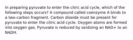 In preparing pyruvate to enter the citric acid cycle, which of the following steps occurs? A compound called coenzyme A binds to a two-carbon fragment. Carbon dioxide must be present for pyruvate to enter the citric acid cycle. Oxygen atoms are formed into oxygen gas. Pyruvate is reduced by oxidizing an NAD+ to an NADH.