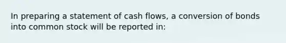 In preparing a statement of cash flows, a conversion of bonds into common stock will be reported in: