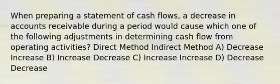 When preparing a statement of cash flows, a decrease in accounts receivable during a period would cause which one of the following adjustments in determining cash flow from operating activities? Direct Method Indirect Method A) Decrease Increase B) Increase Decrease C) Increase Increase D) Decrease Decrease