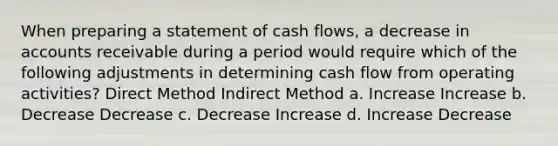 When preparing a statement of cash flows, a decrease in accounts receivable during a period would require which of the following adjustments in determining cash flow from operating activities? Direct Method Indirect Method a. Increase Increase b. Decrease Decrease c. Decrease Increase d. Increase Decrease