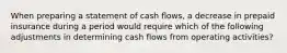 When preparing a statement of cash flows, a decrease in prepaid insurance during a period would require which of the following adjustments in determining cash flows from operating activities?