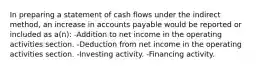 In preparing a statement of cash flows under the indirect method, an increase in accounts payable would be reported or included as a(n): -Addition to net income in the operating activities section. -Deduction from net income in the operating activities section. -Investing activity. -Financing activity.