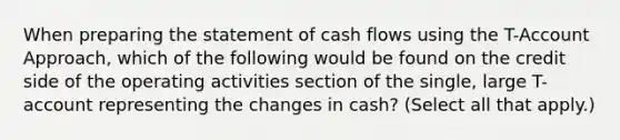 When preparing the statement of cash flows using the T-Account Approach, which of the following would be found on the credit side of the operating activities section of the single, large T-account representing the changes in cash? (Select all that apply.)