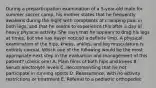 During a preparticipation examination of a 5-year-old male for summer soccer camp, his mother states that he frequently awakens during the night with complaints of cramping pain in both legs, and that he seems to experience this after a day of heavy physical activity. She says that he appears to drag his legs at times, but she has never noticed a definite limp. A physical examination of the hips, knees, ankles, and leg musculature is entirely normal. Which one of the following would be the most appropriate next step in the evaluation and management of this patient? (check one) A. Plain films of both hips and knees B. Serum electrolyte levels C. Recommending that he not participate in running sports D. Reassurance, with no activity restrictions or treatment E. Referral to a pediatric orthopedist