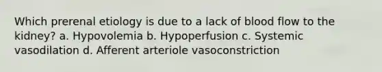 Which prerenal etiology is due to a lack of blood flow to the kidney? a. Hypovolemia b. Hypoperfusion c. Systemic vasodilation d. Afferent arteriole vasoconstriction