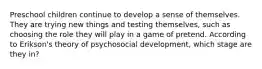 Preschool children continue to develop a sense of themselves. They are trying new things and testing themselves, such as choosing the role they will play in a game of pretend. According to Erikson's theory of psychosocial development, which stage are they in?