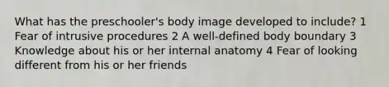 What has the preschooler's body image developed to include? 1 Fear of intrusive procedures 2 A well-defined body boundary 3 Knowledge about his or her internal anatomy 4 Fear of looking different from his or her friends