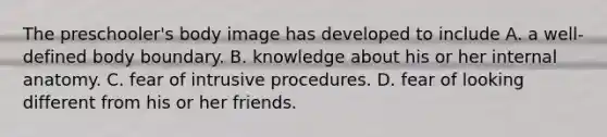 The preschooler's body image has developed to include A. a well-defined body boundary. B. knowledge about his or her internal anatomy. C. fear of intrusive procedures. D. fear of looking different from his or her friends.