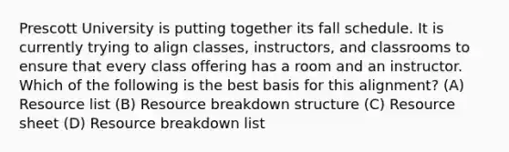 Prescott University is putting together its fall schedule. It is currently trying to align classes, instructors, and classrooms to ensure that every class offering has a room and an instructor. Which of the following is the best basis for this alignment? (A) Resource list (B) Resource breakdown structure (C) Resource sheet (D) Resource breakdown list