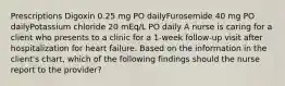 Prescriptions​ Digoxin 0.25 mg PO dailyFurosemide 40 mg PO dailyPotassium chloride 20 mEq/L PO daily A nurse is caring for a client who presents to a clinic for a 1-week follow-up visit after hospitalization for heart failure. Based on the information in the client's chart, which of the following findings should the nurse report to the provider?