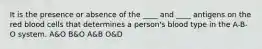 It is the presence or absence of the ____ and ____ antigens on the red blood cells that determines a person's blood type in the A-B-O system. A&O B&O A&B O&D