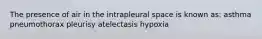 The presence of air in the intrapleural space is known as: asthma pneumothorax pleurisy atelectasis hypoxia