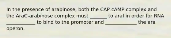 In the presence of arabinose, both the CAP-cAMP complex and the AraC-arabinose complex must _______ to araI in order for RNA ____________ to bind to the promoter and _____________ the ara operon.