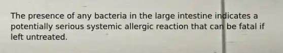 The presence of any bacteria in the large intestine indicates a potentially serious systemic allergic reaction that can be fatal if left untreated.