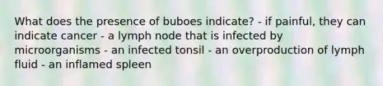 What does the presence of buboes indicate? - if painful, they can indicate cancer - a lymph node that is infected by microorganisms - an infected tonsil - an overproduction of lymph fluid - an inflamed spleen