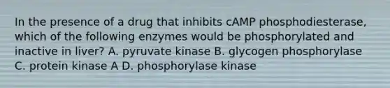 In the presence of a drug that inhibits cAMP phosphodiesterase, which of the following enzymes would be phosphorylated and inactive in liver? A. pyruvate kinase B. glycogen phosphorylase C. protein kinase A D. phosphorylase kinase