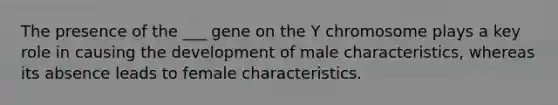 The presence of the ___ gene on the Y chromosome plays a key role in causing the development of male characteristics, whereas its absence leads to female characteristics.