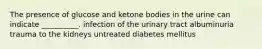 The presence of glucose and ketone bodies in the urine can indicate __________. infection of the urinary tract albuminuria trauma to the kidneys untreated diabetes mellitus