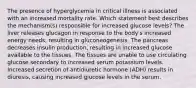 The presence of hyperglycemia in critical illness is associated with an increased mortality rate. Which statement best describes the mechanism(s) responsible for increased glucose levels? The liver releases glucagon in response to the body's increased energy needs, resulting in gluconeogenesis. The pancreas decreases insulin production, resulting in increased glucose available to the tissues. The tissues are unable to use circulating glucose secondary to increased serum potassium levels. Increased secretion of antidiuretic hormone (ADH) results in diuresis, causing increased glucose levels in the serum.