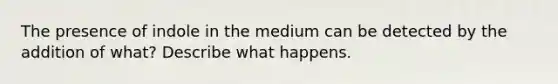 The presence of indole in the medium can be detected by the addition of what? Describe what happens.