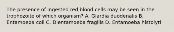 The presence of ingested red blood cells may be seen in the trophozoite of which organism? A. Giardia duodenalis B. Entamoeba coli C. Dientamoeba fragilis D. Entamoeba histolyti