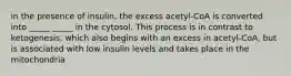 in the presence of insulin, the excess acetyl-CoA is converted into _____ _____ in the cytosol. This process is in contrast to ketogenesis, which also begins with an excess in acetyl-CoA, but is associated with low insulin levels and takes place in the mitochondria