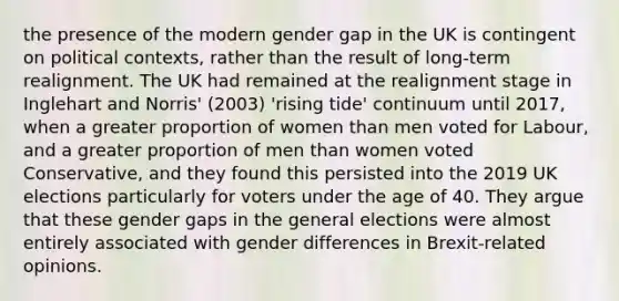 the presence of the modern gender gap in the UK is contingent on political contexts, rather than the result of long-term realignment. The UK had remained at the realignment stage in Inglehart and Norris' (2003) 'rising tide' continuum until 2017, when a greater proportion of women than men voted for Labour, and a greater proportion of men than women voted Conservative, and they found this persisted into the 2019 UK elections particularly for voters under the age of 40. They argue that these gender gaps in the general elections were almost entirely associated with gender differences in Brexit-related opinions.