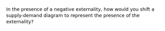 In the presence of a negative externality, how would you shift a supply-demand diagram to represent the presence of the externality?