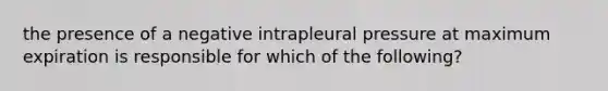 the presence of a negative intrapleural pressure at maximum expiration is responsible for which of the following?