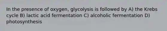 In the presence of oxygen, glycolysis is followed by A) the Krebs cycle B) lactic acid fermentation C) alcoholic fermentation D) photosynthesis