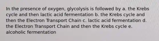 In the presence of oxygen, glycolysis is followed by a. the Krebs cycle and then lactic acid fermentation b. the Krebs cycle and then the Electron Transport Chain c. lactic acid fermentation d. the Electron Transport Chain and then the Krebs cycle e. alcoholic fermentation