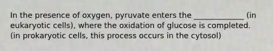 In the presence of oxygen, pyruvate enters the _____________ (in eukaryotic cells), where the oxidation of glucose is completed. (in prokaryotic cells, this process occurs in the cytosol)