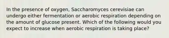 In the presence of oxygen, Saccharomyces cerevisiae can undergo either fermentation or aerobic respiration depending on the amount of glucose present. Which of the following would you expect to increase when aerobic respiration is taking place?