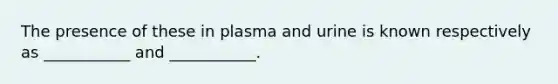 The presence of these in plasma and urine is known respectively as ___________ and ___________.