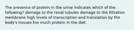 The presence of protein in the urine indicates which of the following? damage to the renal tubules damage to the filtration membrane high levels of <a href='https://www.questionai.com/knowledge/kWsjwWywkN-transcription-and-translation' class='anchor-knowledge'>transcription and translation</a> by the body's tissues too much protein in the diet