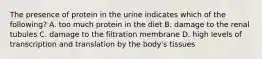 The presence of protein in the urine indicates which of the following? A. too much protein in the diet B. damage to the renal tubules C. damage to the filtration membrane D. high levels of transcription and translation by the body's tissues