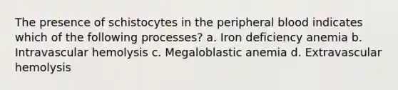 The presence of schistocytes in the peripheral blood indicates which of the following processes? a. Iron deficiency anemia b. Intravascular hemolysis c. Megaloblastic anemia d. Extravascular hemolysis