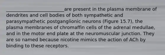 _________________________are present in the plasma membrane of dendrites and cell bodies of both sympathetic and parasympathetic postganglionic neurons (Figure 15.7), the plasma membranes of chromaffin cells of the adrenal medullae, and in the motor end plate at the neuromuscular junction. They are so named because nicotine mimics the action of ACh by binding to these receptors.