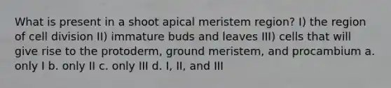 What is present in a shoot apical meristem region? I) the region of <a href='https://www.questionai.com/knowledge/kjHVAH8Me4-cell-division' class='anchor-knowledge'>cell division</a> II) immature buds and leaves III) cells that will give rise to the protoderm, ground meristem, and procambium a. only I b. only II c. only III d. I, II, and III