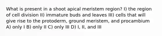 What is present in a shoot apical meristem region? I) the region of cell division II) immature buds and leaves III) cells that will give rise to the protoderm, ground meristem, and procambium A) only I B) only II C) only III D) I, II, and III