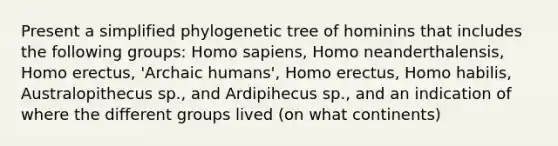 Present a simplified phylogenetic tree of hominins that includes the following groups: Homo sapiens, Homo neanderthalensis, Homo erectus, 'Archaic humans', Homo erectus, Homo habilis, Australopithecus sp., and Ardipihecus sp., and an indication of where the different groups lived (on what continents)