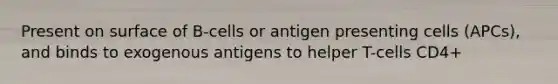 Present on surface of B-cells or antigen presenting cells (APCs), and binds to exogenous antigens to helper T-cells CD4+