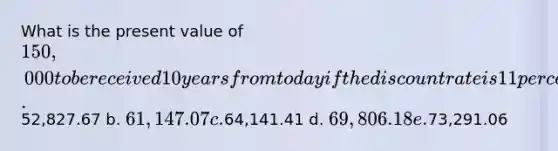 What is the present value of 150,000 to be received 10 years from today if the discount rate is 11 percent? a.52,827.67 b. 61,147.07 c.64,141.41 d. 69,806.18 e.73,291.06