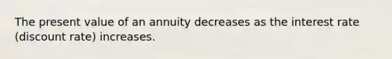 The present value of an annuity decreases as the interest rate (discount rate) increases.